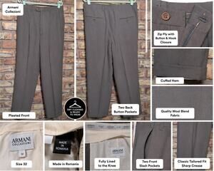 Armani Collezioni Mens Dress Pants Light Brown Size 32 Pleated Cuffed Wool Blend